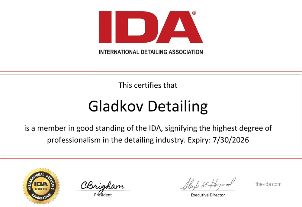 Medlemsbevis fra International Detailing Association for Gladkov Detailing, gyldig til 30. juli 2026