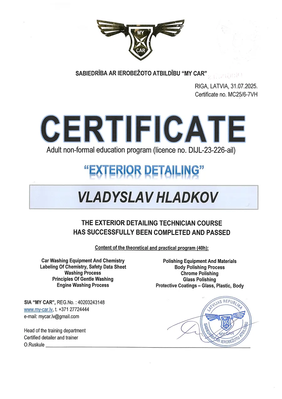 Kursbevis for Vladyslav Hladkov, Exterior Detailing Technician, Riga 31. juli 2025